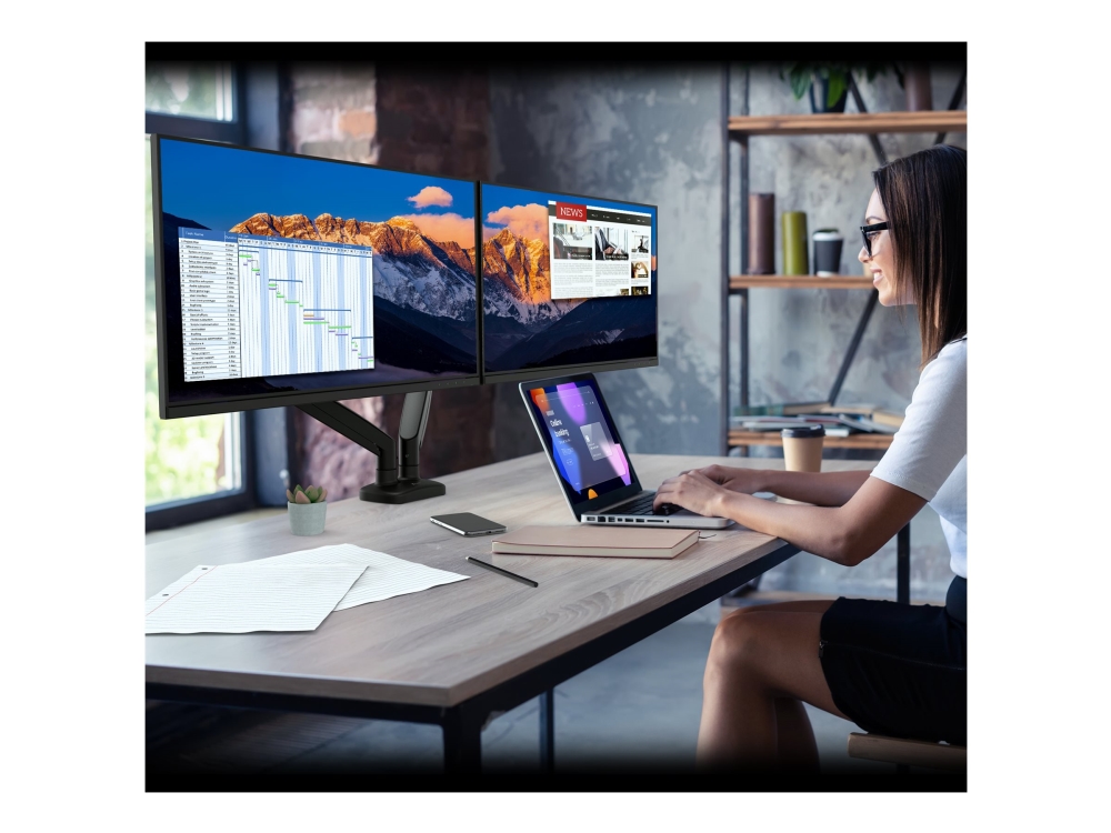 j5create JTSA102 - Monteringssæt (monitorarm, klemmemonteringsbase, pakning til gennemføring) - for 2 LCD displays - ergonomisk, dual - aluminium, plastik, stål - sort - skærmstørrelse: 17-32 - skrivebordsmonterbar