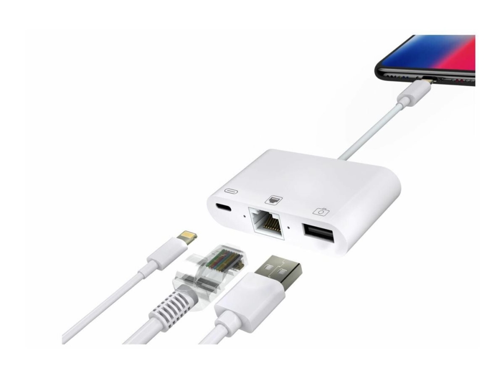 Microconnect - Lightning To Ethernet / Usb-C / Usb-A - Lightning Han Til Rj-45, Usb, Lightning/Usb-C Hun - Hvid