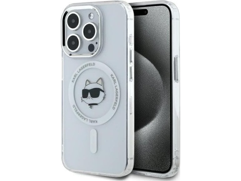 Deklas Karl Lagerfeld Iml Choupette Head Metal Frame Magsafe Case For Iphone 15 Pro Transparent