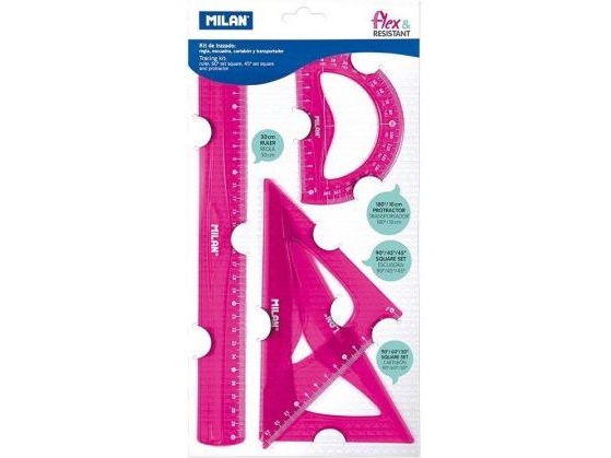 Milan Flex & Resistant Acid, Protractor, Ruler, Trekant, 4 Stk, Pink, 45° & 60°, Halvcirkel, 108 G