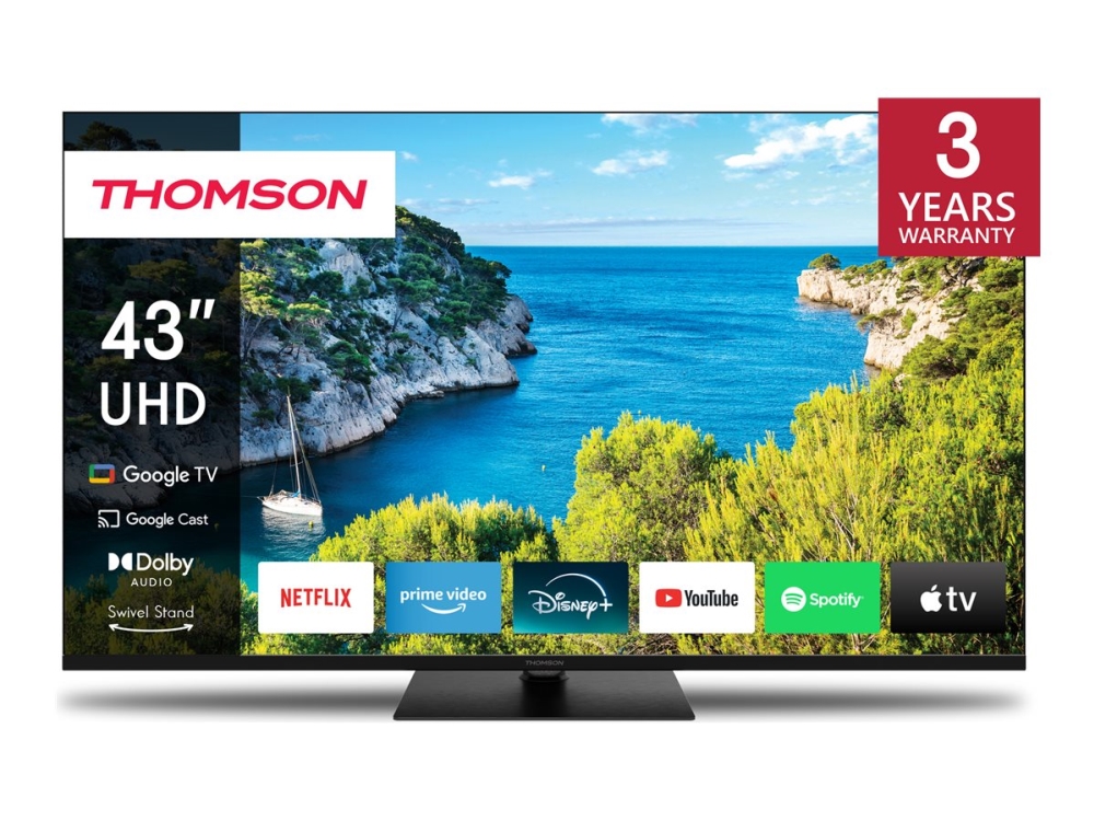 Thomson 43" 4K Uhd Google Tv Filigranes Rahmendesign, 109,2 Cm (43"), 3840 X 2160 Pixel, Lcd, Smart-Tv, Wlan, Schwarz
