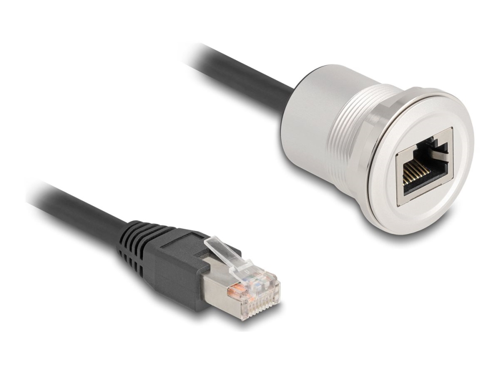 Delock - Forlængerkabel Til Netværk - Rj-45 (Han) Til Rj-45 (Hun) Panelmonterbar - 30 Cm - 6 Mm - Stp - Cat 5E - M25 Gevind - Sort/Sølv
