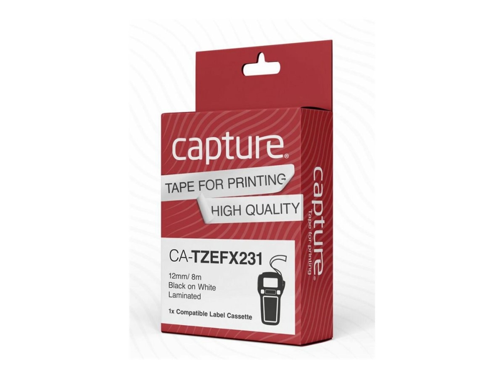 Capture - Nylon - lamineret - sort på hvid - Rulle (1,2 cm x 8 m) 1 kassette(r) hængekasse - fleksibel tape (alternativ til: Brother TZEFX231)