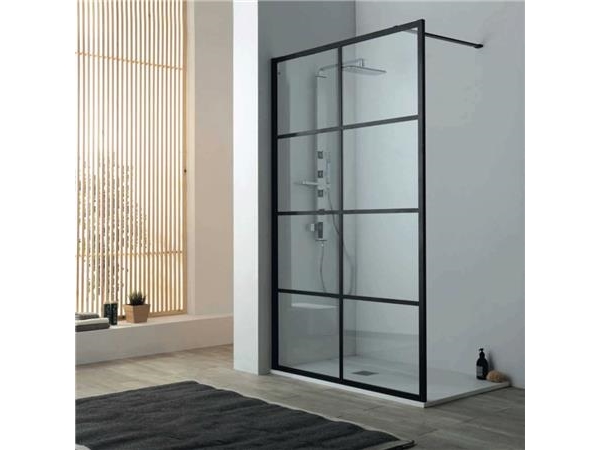 Walk in glas brusevæg 90 x 200 cm - matsort pulverlakeret aluminium profiler - 8 mm hærdet glas