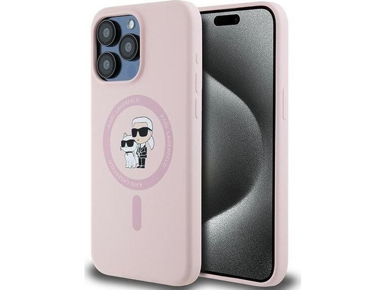 Karl Lagerfeld Silikoninis Karl&Choupette Ring Magsafe Apple Iphone 15 Pro Max - Dėklas Telefonui Rožinės Spalvos