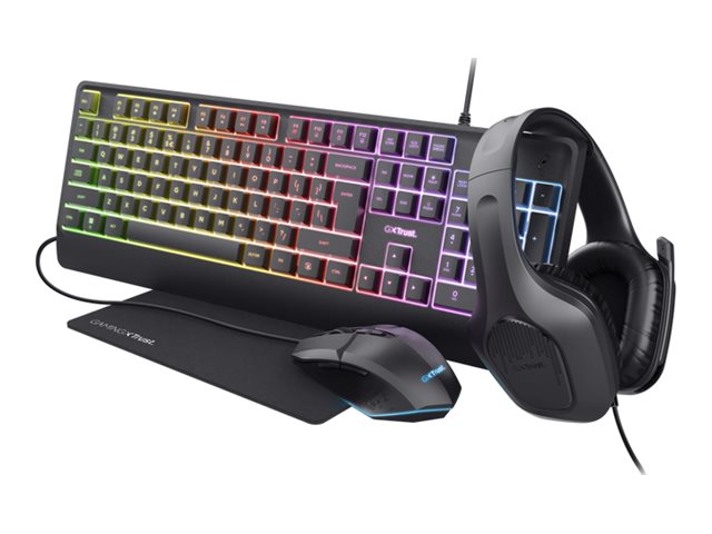 Trust Gxt 792 Quadrox 4 In 1 Gaming Bundle Paket Med Tangentbord Mus Headset Och Musdyna Bakgrundsbelyst Usb Qwerty Amerikansk