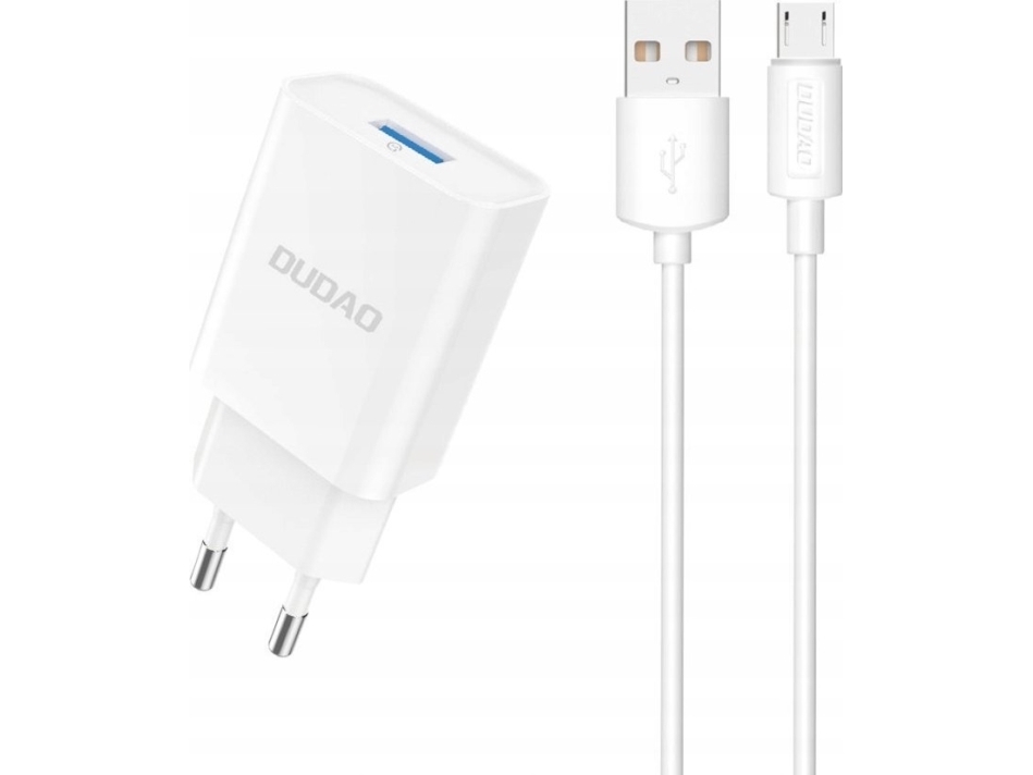 Dudao A4eu Usb-A 2,1A Netoplader - Hvid + Usb-A - Micro Usb-Kabel