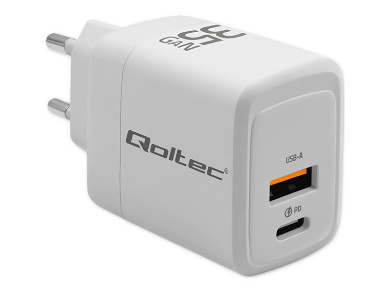 Netzladegerät Qoltec 35W Gan | 5-20V | 1.5-3A | 1Xusb-C Pd | 1Xusb Qc 3.0 Weiß