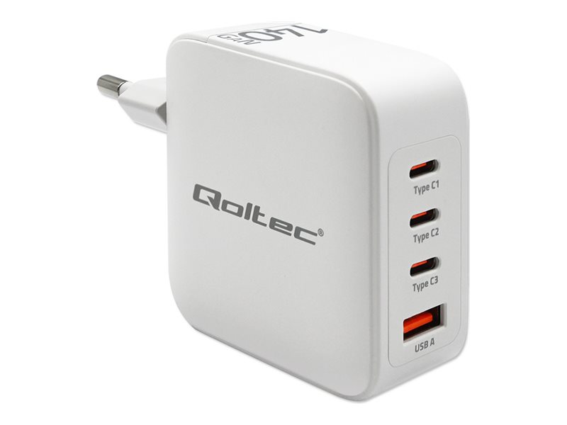 Qoltec - Strømforsyningsadapter - Gan, 5-20V, 2.5-5A - 140 Watt - 5 A - Pd, Qc 3.0 - 4 Output-Stikforbindelser (Usb, 3 X Usb-C (Pd)) - Hvid