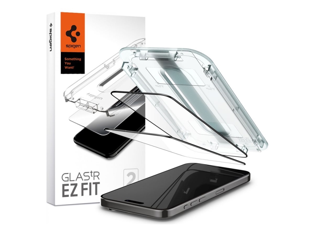 Spigen Glas.Tr Ez Fit - Skærmbeskytter For Mobiltelefon - Fuldt Omslag - Glas - Rammefarve Sort - For Apple Iphone 15 Pro