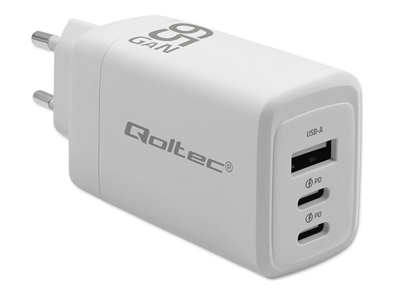 Qoltec Netzladegerät 65W Gan| 5-20V | 3-3,35A | 2 X Usb-C Pd | 1 X Usb Qc 3.0 | Weiß
