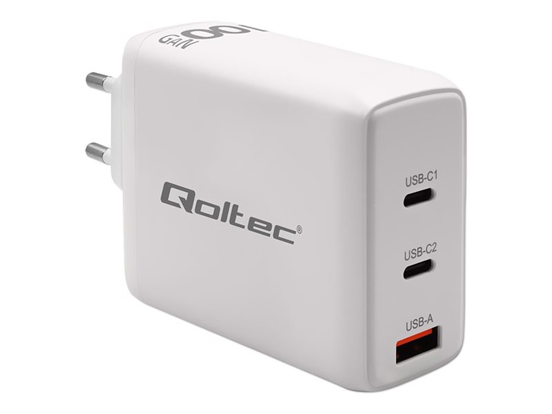 Qoltec Netzladegerät 100W Gan| 5-20V | 1,5-5A | 2 X Usb-C Pd | 1 X Usb Qc 3.0 | Weiß