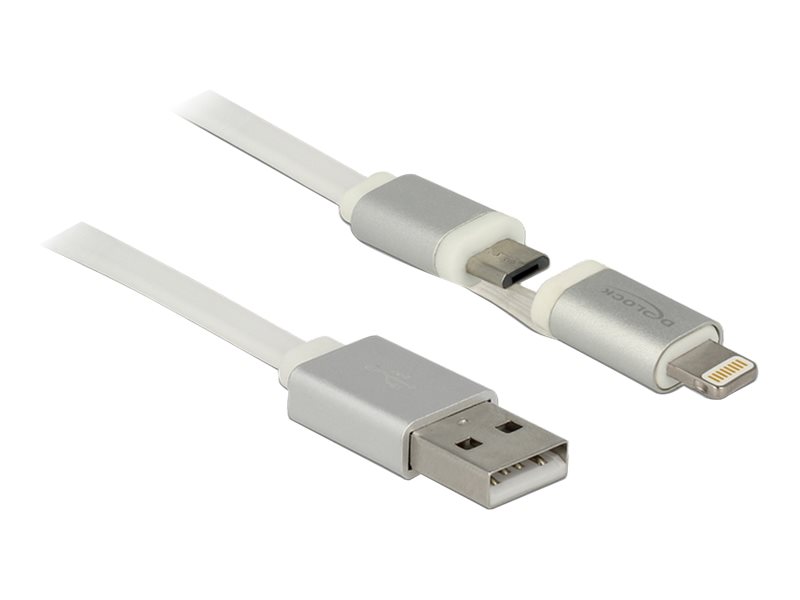 Delock - Opladning/Datakabel - Usb Han Til Micro-Usb Type B, Lightning Han - 1 M - Hvid
