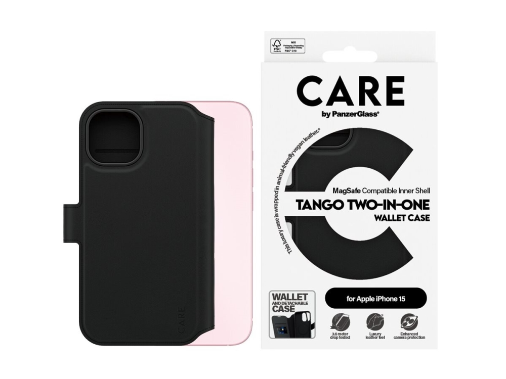 PanzerGlass CARE™ by ® Tango 2-in-1 Wallet Case w. MagSafe iPhone 15, Suojus, Apple, Apple - iPhone 15, musta
