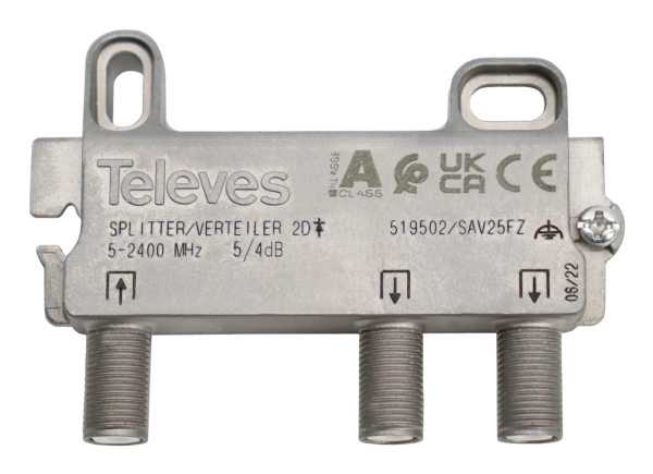 Televes 519502, Kabelfordeler, 5 - 2400 Mhz, Rustfrit Stål, Hunstik, F, 74 Mm