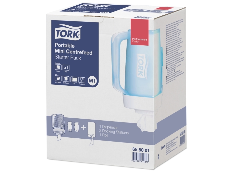 Tork M1 Turkis, transportabel dispenser til centerfeedruller, inkl. 1 rulle