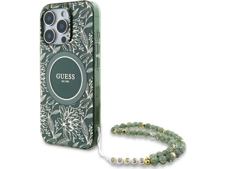 Guess Iml Blomster Allover Elektro Med Perlerem Magsafe Cover Til Iphone 16 Pro Max - Grøn