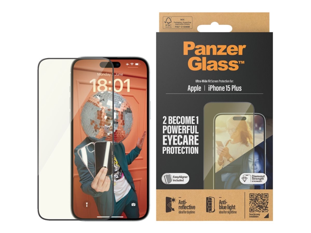 Panzerglass Eyecare Displayschutz Iphone 15 Plus | Ultra-Wide Fit M. Easyaligner, Apple, Apple - Iphone 15 Plus, Trockene Anwendung, Schockresisten