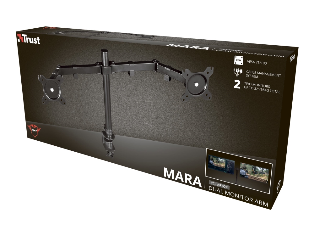 Trust Gxt 1120 Mara Monteringssats Bordsstall Klambas Justerbara Dubbla Armar För 2 Lcd Bildskarmar Skarmstorlek: Upp Till 32 Tum Skrivb