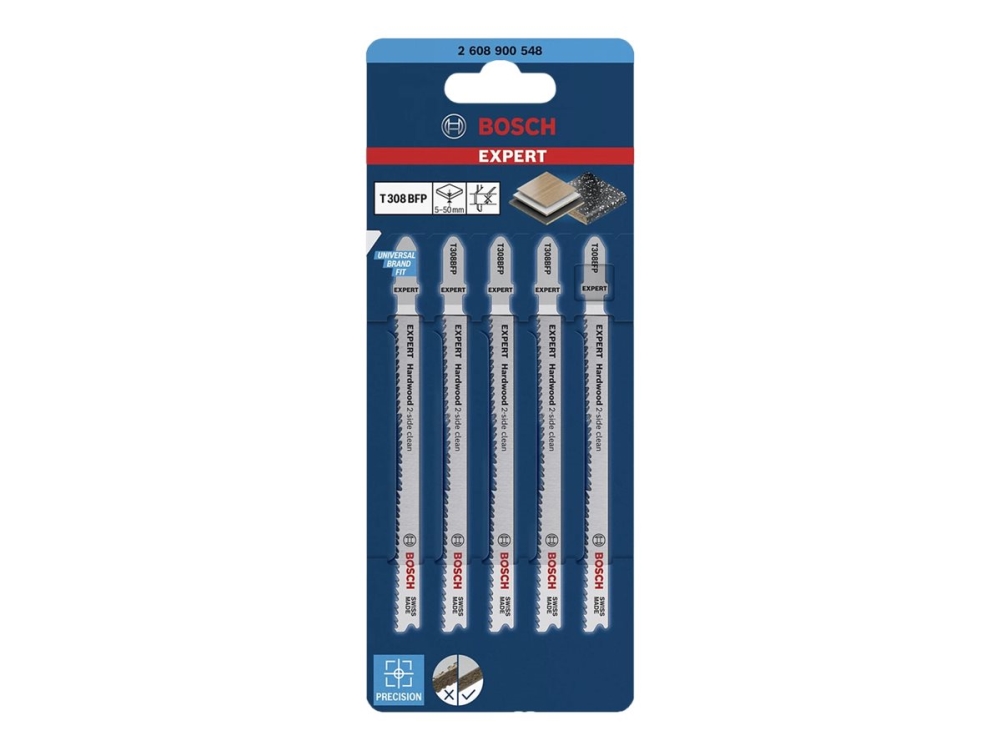 Bosch Expert Hardwood 2-Side Clean T308 Bfp - Stiksavsklinge - For Hardwood, Lamineret Spånplade, Køkkenborde, Plastikbelagt Tavle - 5 Stykker - T-Sk