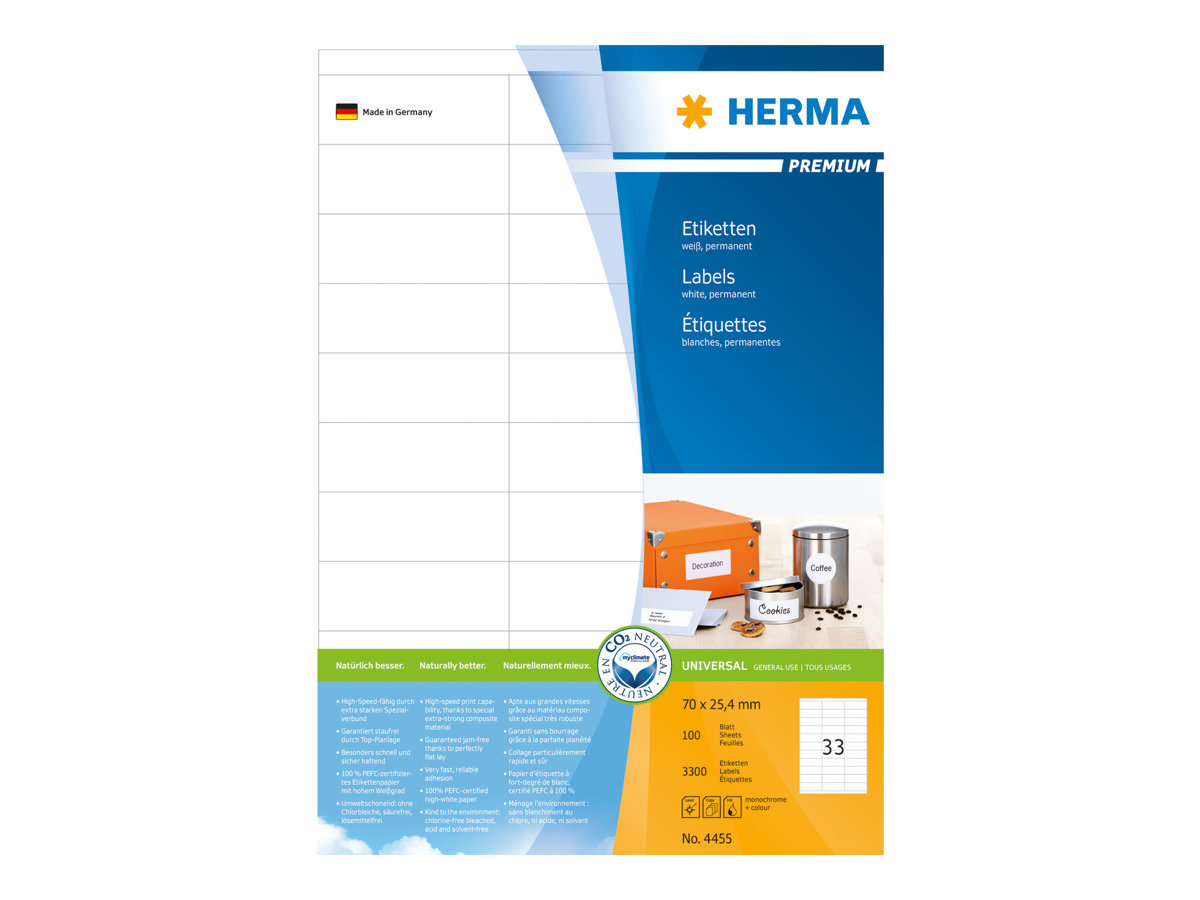 HERMA Premium - Papir - mat - permanent selvklæbende - hvid - 70 x 25.4 mm 3300 etikette(r) (100 ark x 33) laminerede etiketter
