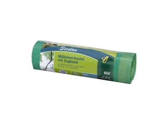 1X15 Secolan Garbage Bags With Drawstring 60 L Green
