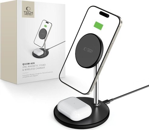 Trådløs oplader Tech-Protect QI15W-A39 2in1 MagSafe-kompatibel MagSafe Wireless Charger Black