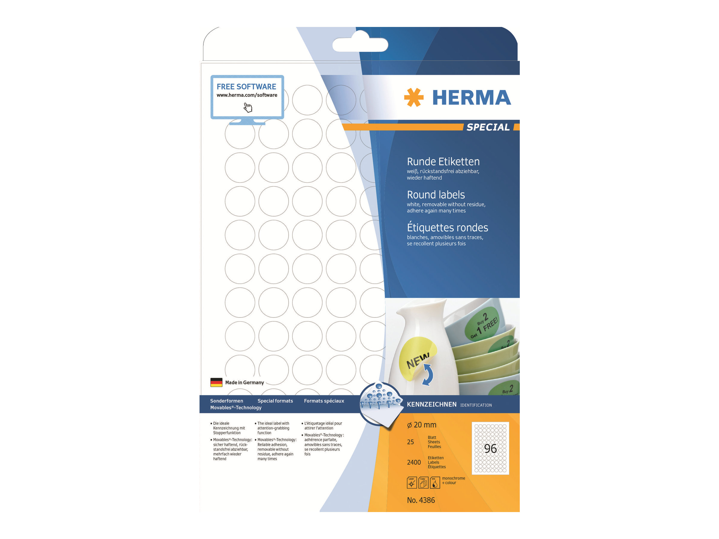 HERMA Special - Papir - mat - aftagelig selvklæbende - hvid - 20 mm rund 2400 etikette(r) (25 ark x 96) etiketter
