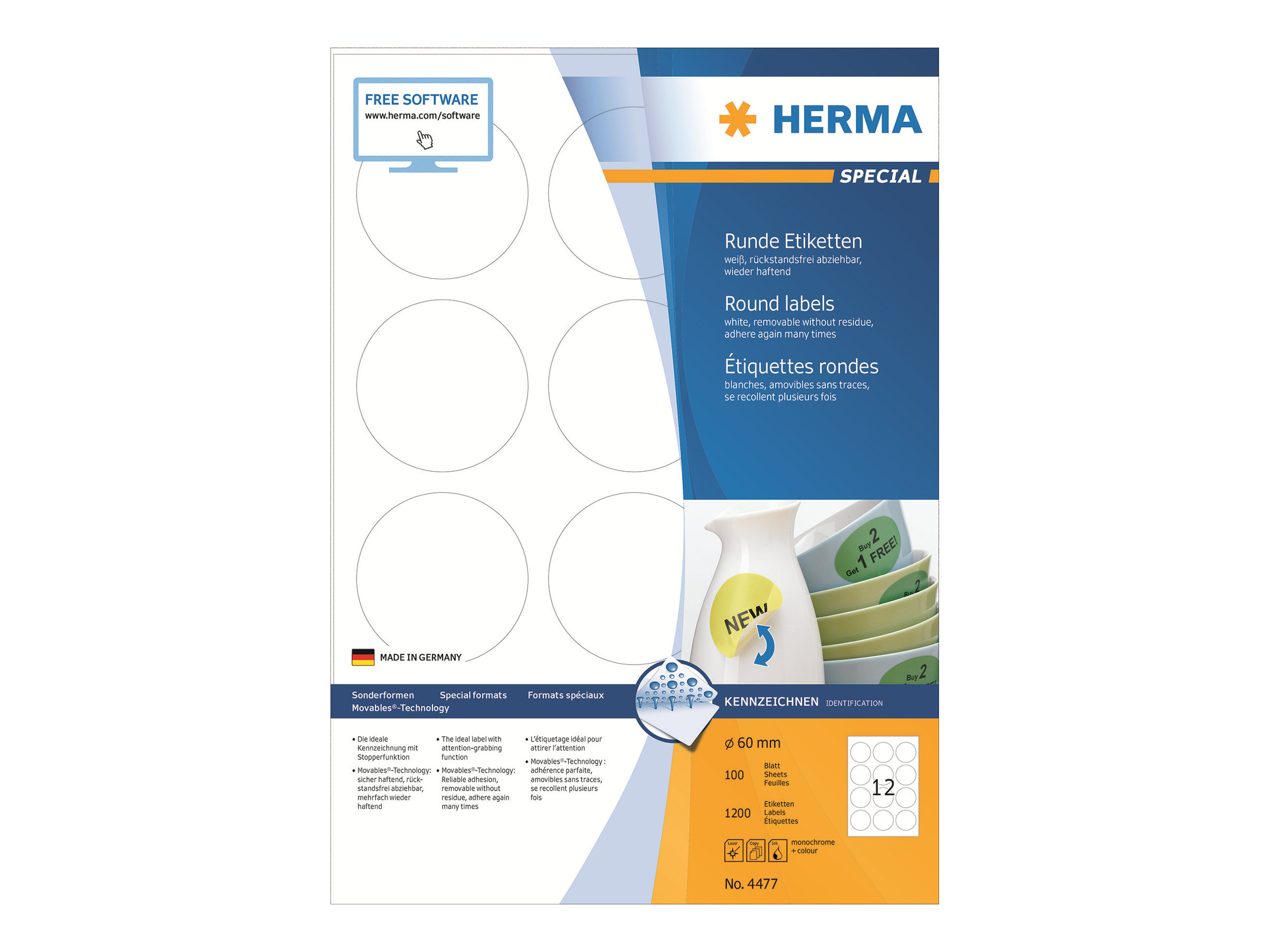 HERMA Special - Papir - mat - aftagelig selvklæbende - hvid - 60 mm rund 1200 etikette(r) (100 ark x 12) etiketter