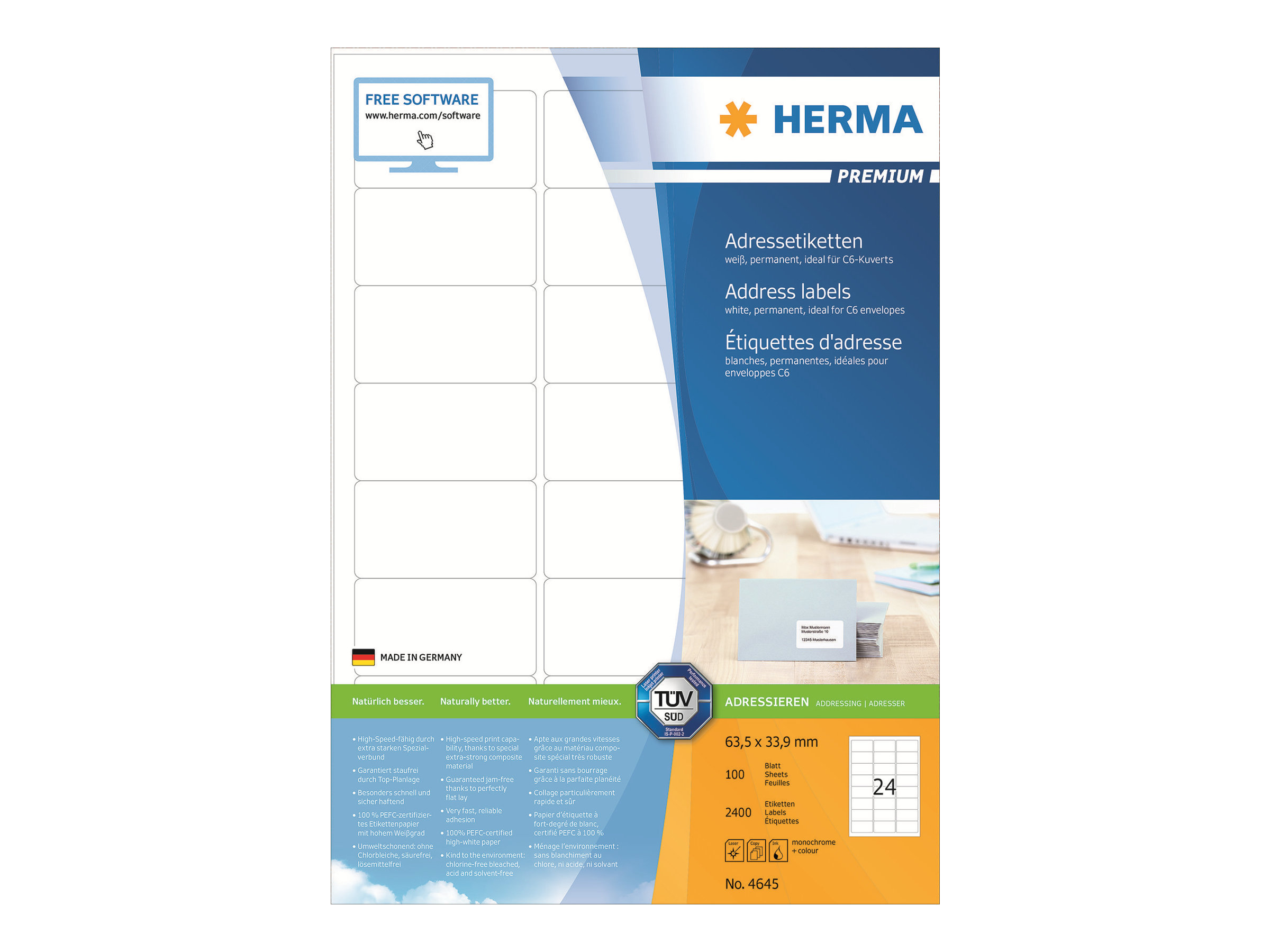 HERMA Premium - Papir - mat - permanent selvklæbende - hvid - 63.5 x 33.9 mm 2400 etikette(r) (100 ark x 24) laminerede adressemærkater