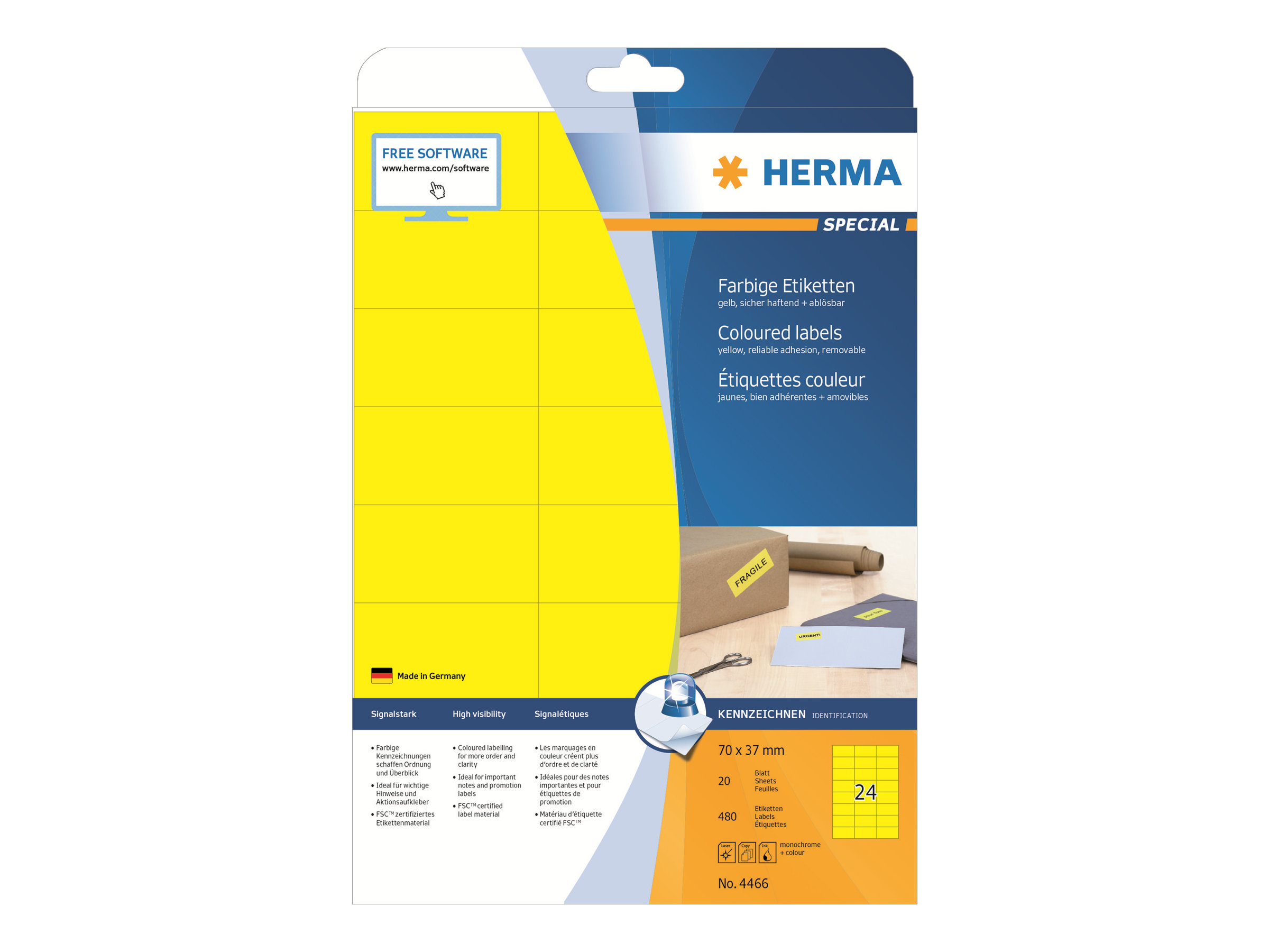 HERMA Special - Papir - mat - permanent selvklæbende - gul - 70 x 37 mm 480 etikette(r) (20 ark x 24) etiketter