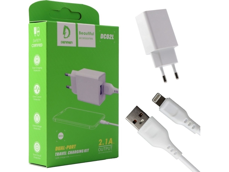 Lader Vega Ladowarka Sieciowa 2.1A 10W Hvid, Denmen 2100Ma 2Xusb Dc02 + Kabel Til Iphone White