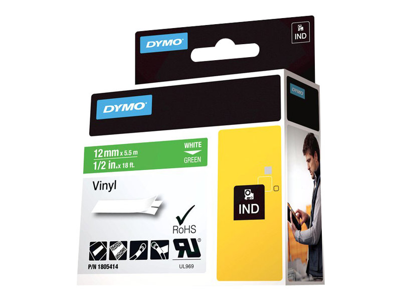 Dymo Rhino Coloured Vinyl - Vinyl - Hvid På Grøn - Rulle (1,2 Cm X 5,5 M) 1 Kassette Tape - For Dymo Ilp219 Rhino 1000, 4200, 5000, 5200, 6000 R