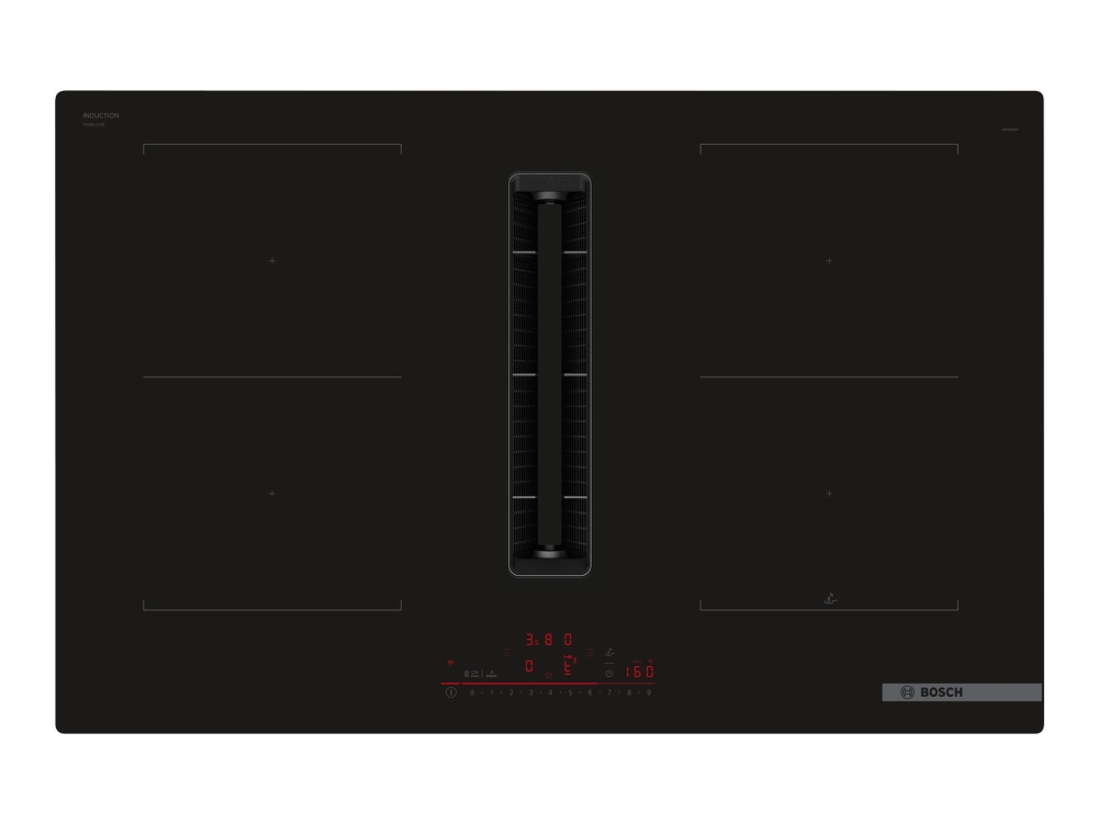 Bosch Serie 6 PVQ811H26E - Induktionshäll - 4 kokplattor - Fördjupning - bredd: 75 cm - djup: 49 cm - Klass B - ramlös - svart med nedåtriktat utlopp (extrahering och återcirkulering med extraheringskit som tillval) | Vitvaror - Spishäll - Häll med integrerad fläkt | GameStuff