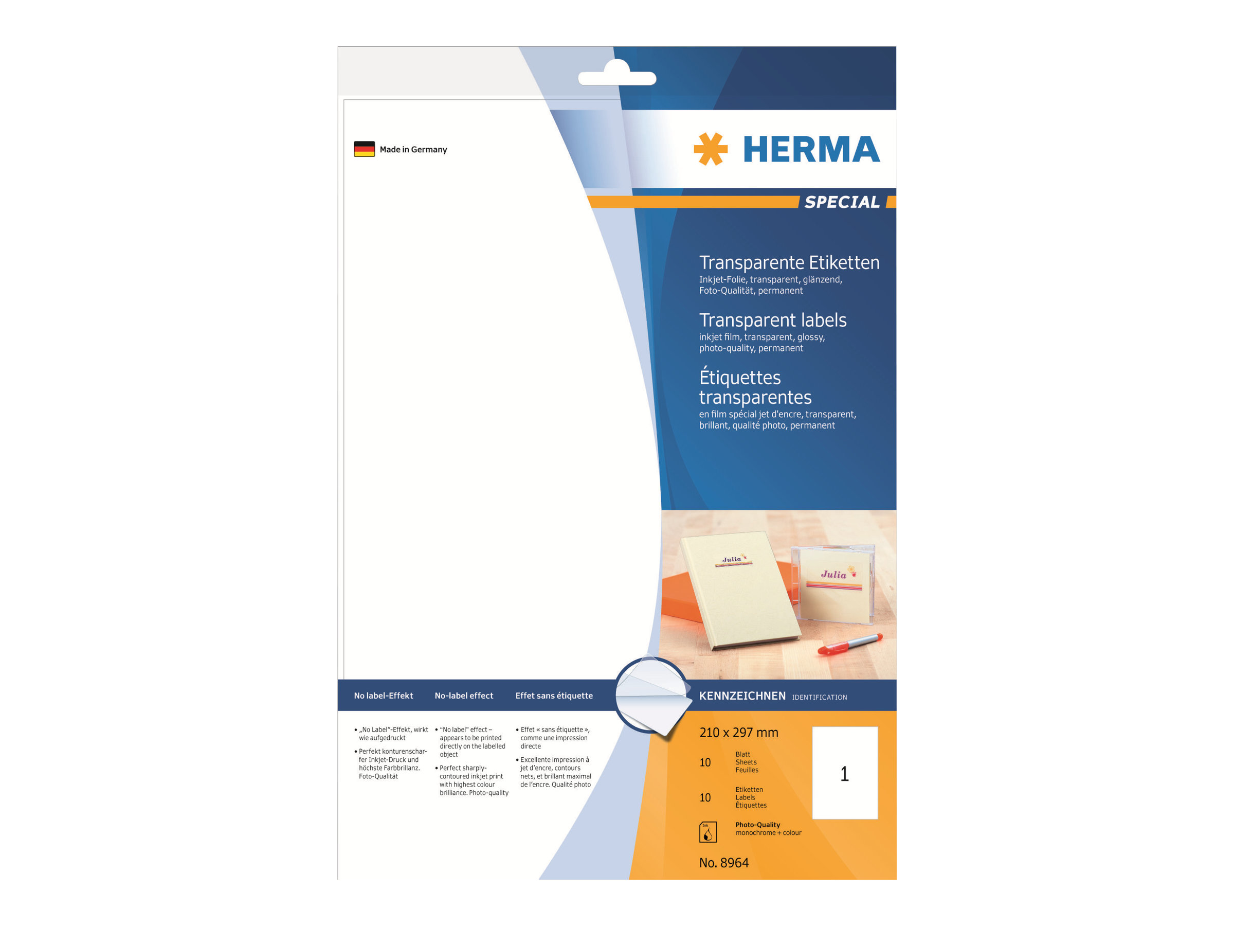 Herma Inkjet Folien-Etiketten Transparent A4 210X297 Mm Folie Glänzend 10 St., Transparent, Selbstklebendes Druckeretikett, A4, Tintenstrahl, Permane