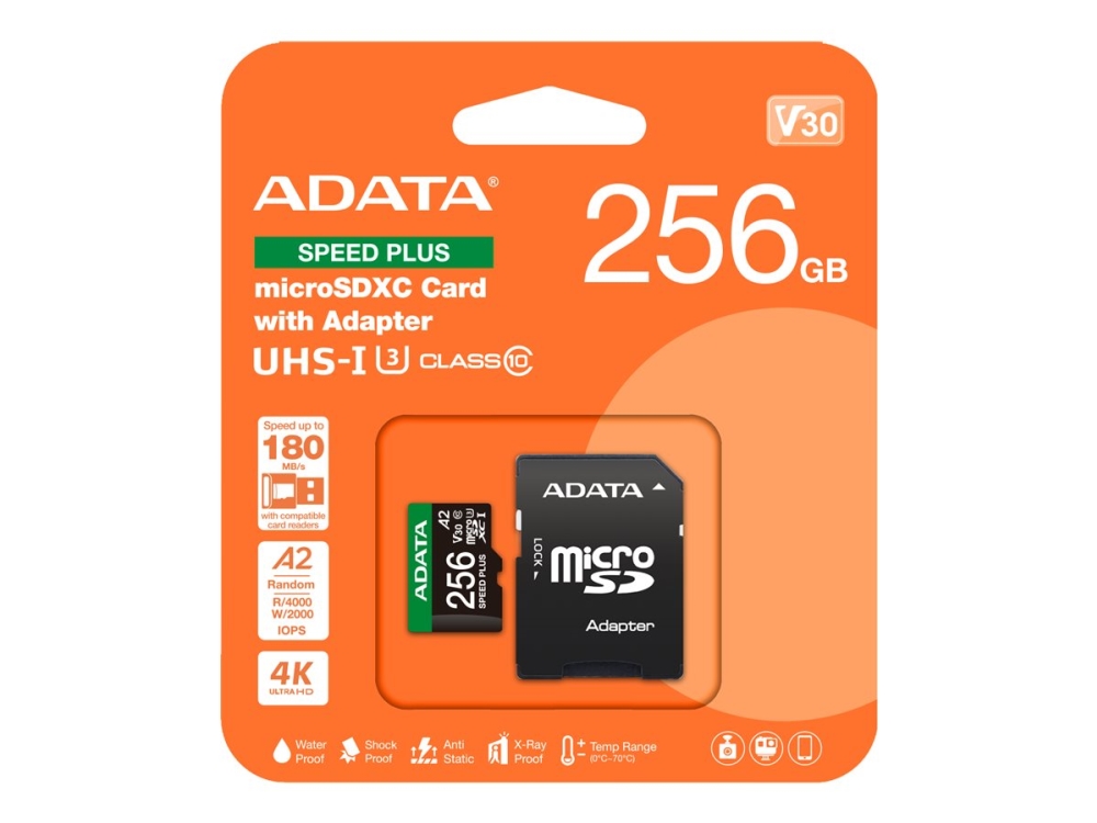 Adata Speed Plus Flashhukommelseskort Sd Adapter Inkluderet 256 Gb A2 / Video Class V30 / Uhs I U3 / Class10 Sdxc Uhs I