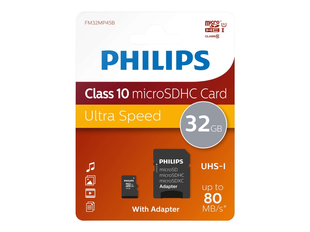 Philips FM32MP45B - Flashhukommelseskort (microSDHC til SD adapter inkluderet) - 32 GB - Class 10 - microSDHC UHS-I