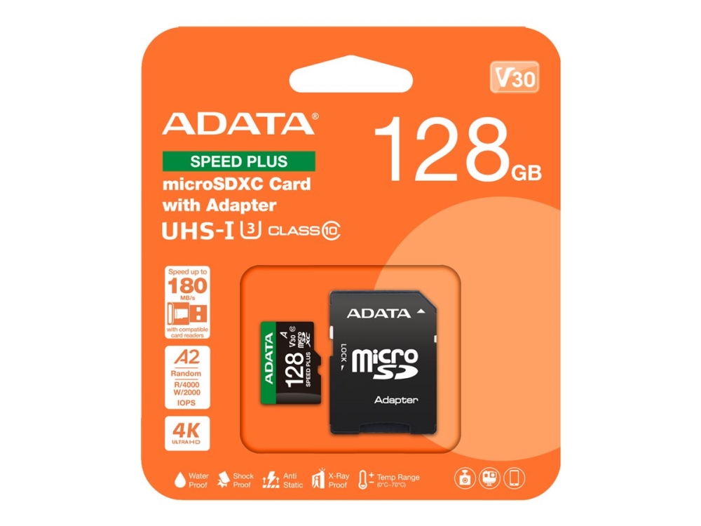 Adata Speed Plus - Flashhukommelseskort (Sd Adapter Inkluderet) - 128 Gb - A2 / Video Class V30 / Uhs-I U3 / Class10 - Sdxc Uhs-I