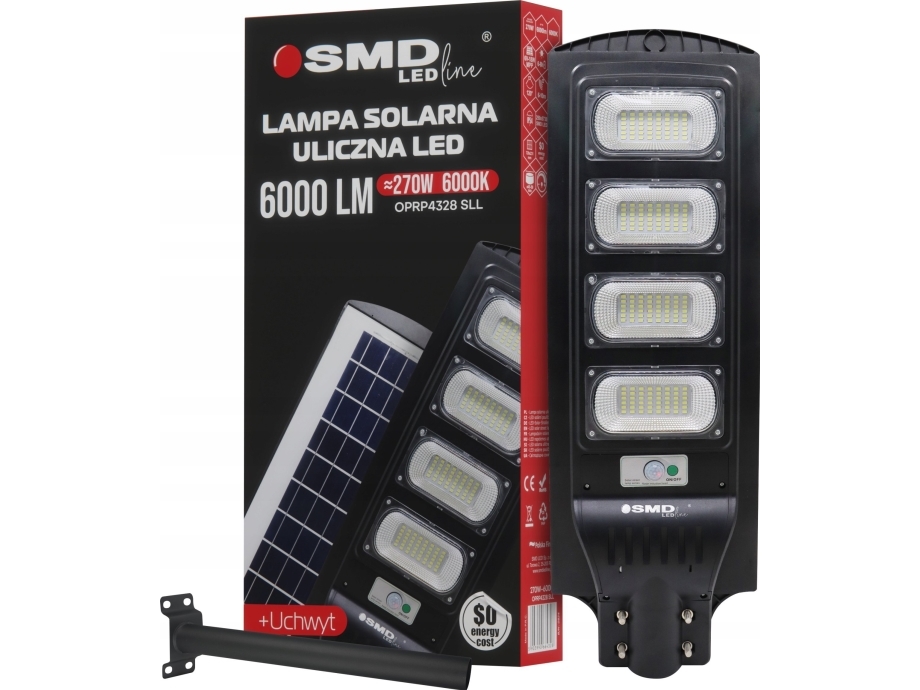 Un Led Gadelampe Solar 270W 6000K + Beslag
