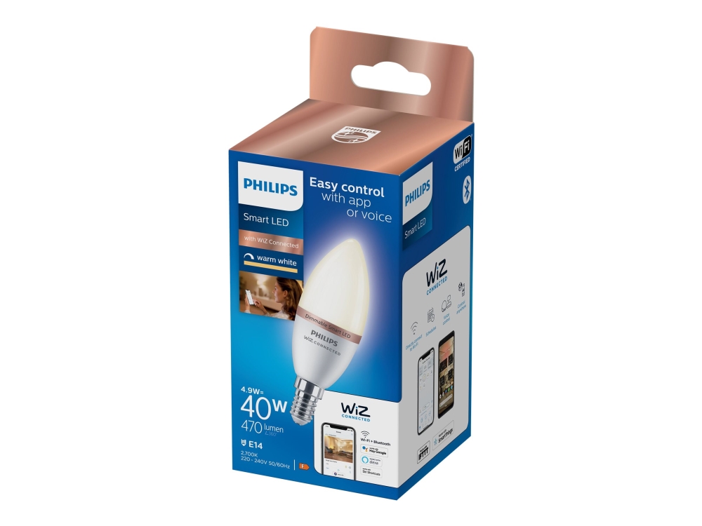Philips Smart Led Glödlampa Form: C37 Glaserad Finish E14 4.9 W Motsvarande 40 W Klass F Varmt Vitt Ljus 2700 K