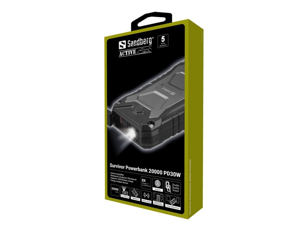 Sandberg Active Survivor - Powerbank - 20000 mAh - 74 Wh - 30 Watt - 3 A - PD, QC 3.0 - 3 output-stikforbindelser (2 x USB, USB-C) - på kabel: USB-C