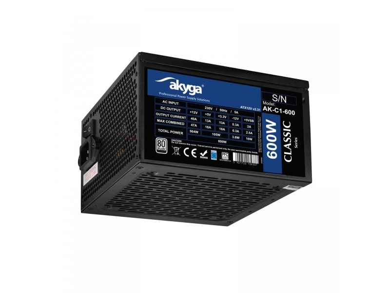 Atx 600w Strømforsyning Akyga 600 + Pci + Pin Sata Molex Apfc Fan 12cm