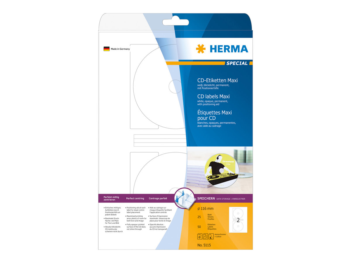 HERMA Special Maxi - Papper - matt - permanent självhäftande - vit - 116 mm rund 50 etikett (er) (25 ark x 2) ogenomskinliga CD/DVD-etiketter | Papper & Emballage - Vitt papper - Vitt A4 | GameStuff