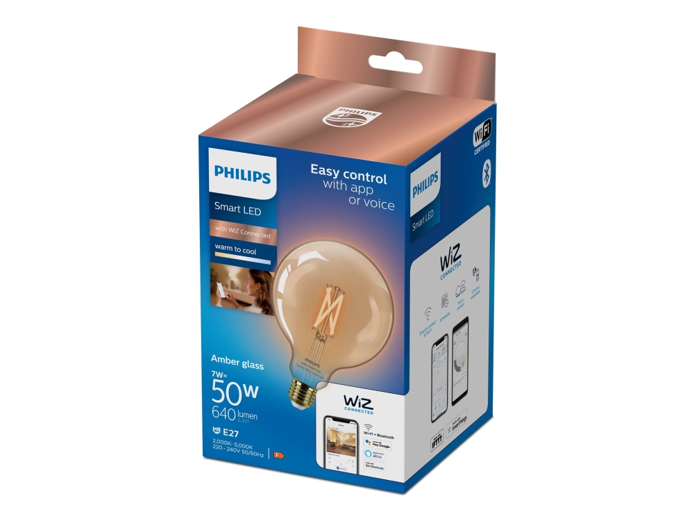 Philips Smart - LED-glödlampa med filament - form: G125 - E27 - 7 W (motsvarande 50 W) - klass F - varmt till kallt vitt ljus - 2000-5000 K - bärnsten | Smarta hem - Smart belysning - E27 Smarta Lampor | GameStuff