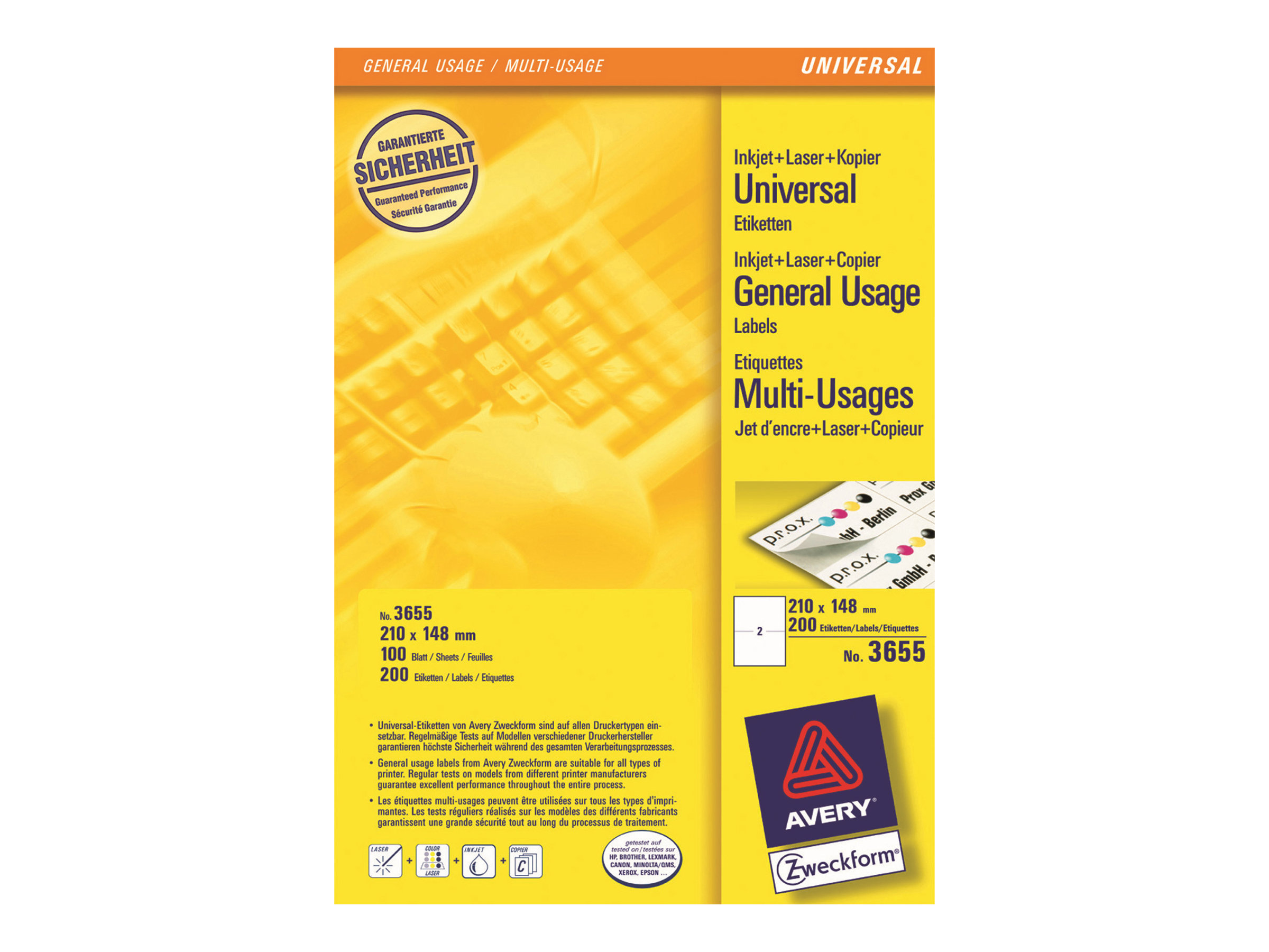 Avery 3655, Weiß, Papier, Universal, A4, 2 Stück(e), 100 Blätter