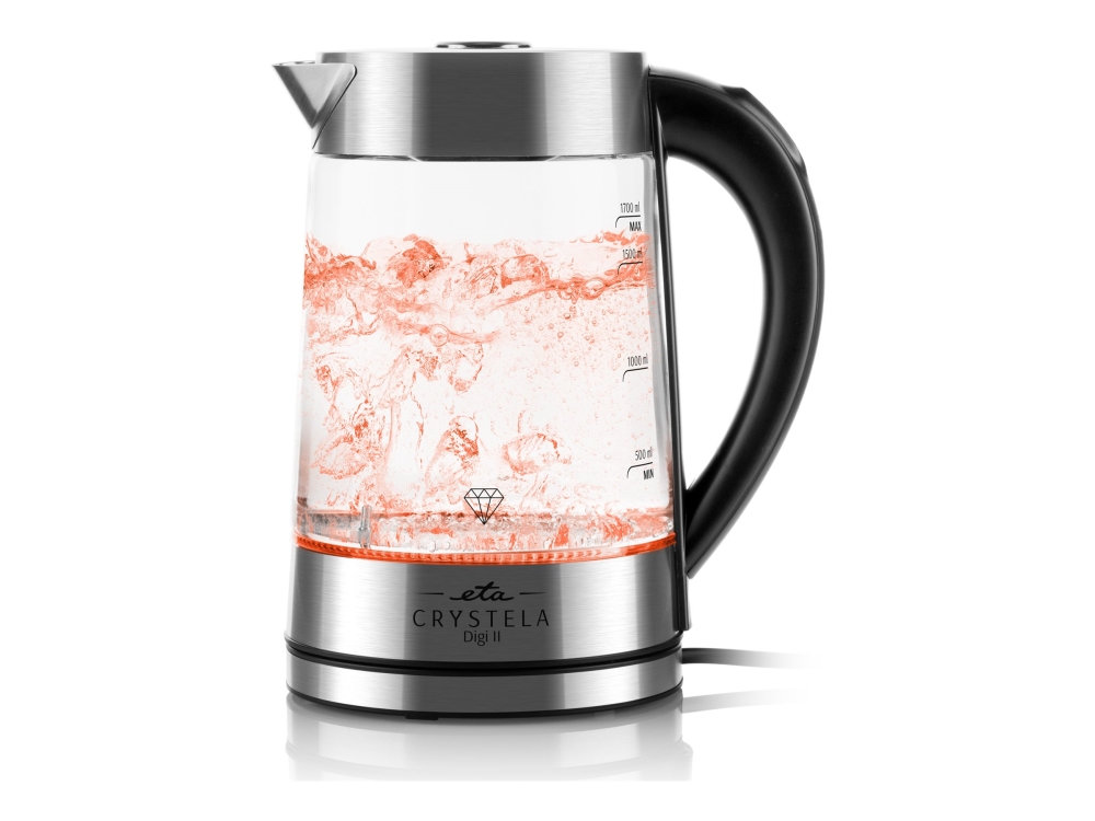 Eta Crystela Digi Ii, 1,7 L, 2200 W, Edelstahl, Transparent, Glas, Regelbare Temperatur, Wasserstandsanzeige