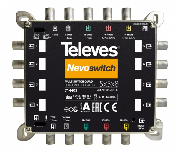 Televes 714403, 5 inputs, 13 outputs, 950 - 2400 MHz, 47 - 862 MHz, 4 dB, 2 dB