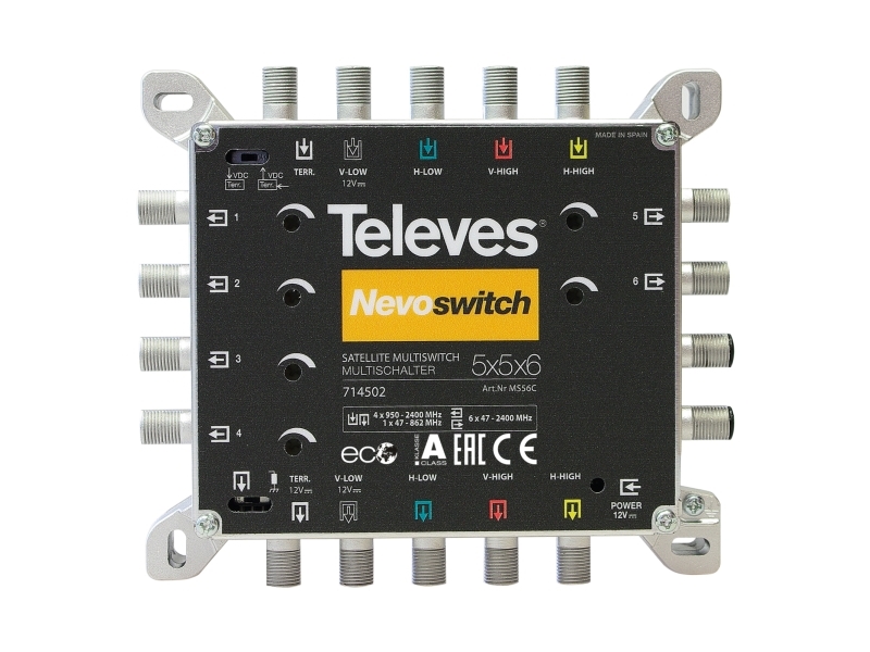 Televes 714502, 5 Inputs, 11 Outputs, 950 - 2400 Mhz, 47 - 862 Mhz, 4 Db, 2 Db