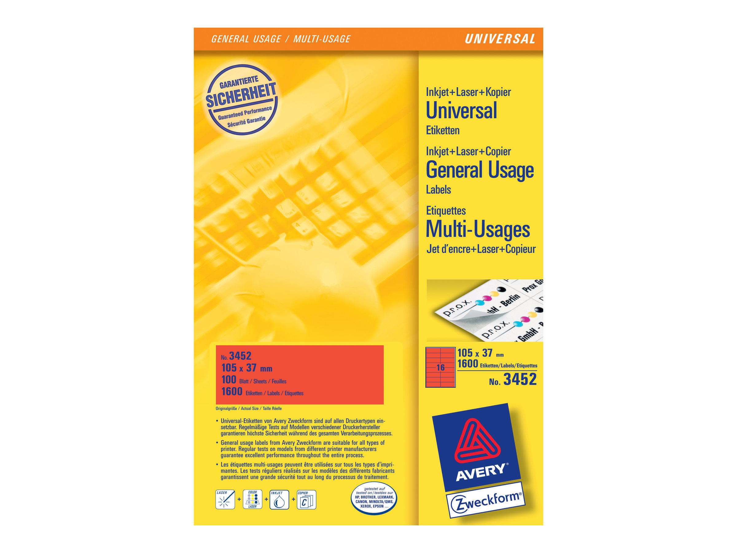 Avery Universal Labels, Red 105X37mm, 100 Blätter, 105 X 37, 1600 Stück(E)