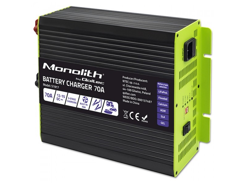 Batterioplader 70A 12V - Qoltec Monolith til LiFePO4, AGM, GEL, SLA - Hurtig opladning